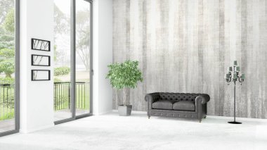 Yepyeni beyaz çatı katı yatak odası en az stil iç tasarım boşaltmak duvar ve görünümü penceresi dışında. 3D render.