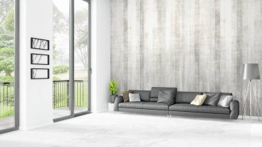 Yepyeni beyaz çatı katı yatak odası en az stil iç tasarım boşaltmak duvar ve görünümü penceresi dışında. 3D render.