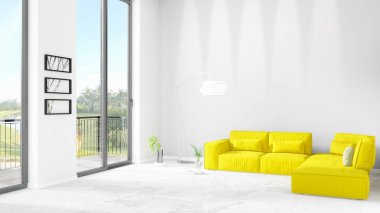 Yepyeni beyaz çatı katı yatak odası en az stil iç tasarım boşaltmak duvar ve görünümü penceresi dışında. 3D render.