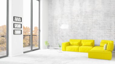 Yepyeni beyaz çatı katı yatak odası en az stil iç tasarım boşaltmak duvar ve görünümü penceresi dışında. 3D render.