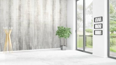 Yepyeni beyaz çatı katı yatak odası en az stil iç tasarım boşaltmak duvar ve görünümü penceresi dışında. 3D render.