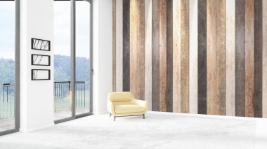 Yepyeni beyaz çatı katı yatak odası en az stil iç tasarım boşaltmak duvar ve görünümü penceresi dışında. 3D render.