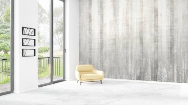 Yepyeni beyaz çatı katı yatak odası en az stil iç tasarım boşaltmak duvar ve görünümü penceresi dışında. 3D render.