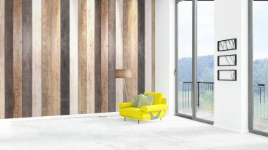 Yepyeni beyaz çatı katı yatak odası en az stil iç tasarım boşaltmak duvar ve görünümü penceresi dışında. 3D render.