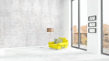 Yepyeni beyaz çatı katı yatak odası en az stil iç tasarım boşaltmak duvar ve görünümü penceresi dışında. 3D render.