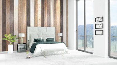 Yepyeni beyaz çatı katı yatak odası en az stil iç tasarım boşaltmak duvar ve görünümü penceresi dışında. 3D render.