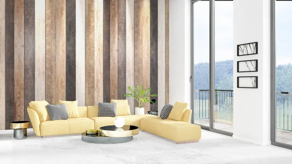 Yepyeni beyaz çatı katı yatak odası en az stil iç tasarım boşaltmak duvar ve görünümü penceresi dışında. 3D render.