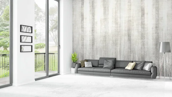 Yepyeni beyaz çatı katı yatak odası en az stil iç tasarım boşaltmak duvar ve görünümü penceresi dışında. 3D render.