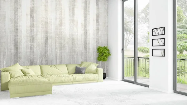 Yepyeni beyaz çatı katı yatak odası en az stil iç tasarım boşaltmak duvar ve görünümü penceresi dışında. 3D render.