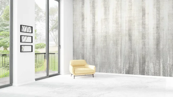 Yepyeni beyaz çatı katı yatak odası en az stil iç tasarım boşaltmak duvar ve görünümü penceresi dışında. 3D render.