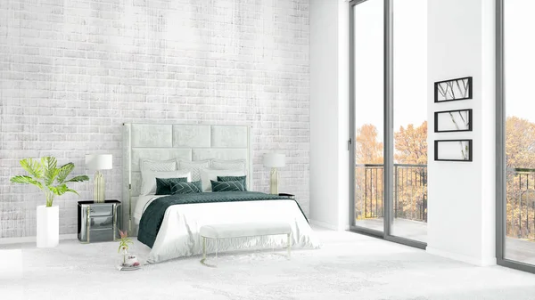 Zbrusu nové bílé ložnici minimální styl interierovými s copyspace stěnou a pohled z okna. 3D vykreslování. — Stock fotografie
