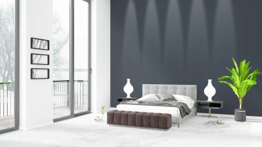 Yepyeni beyaz çatı katı yatak odası en az stil iç tasarım boşaltmak duvar ve görünümü penceresi dışında. 3D render.