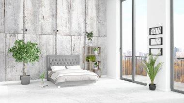 Yepyeni beyaz çatı katı yatak odası en az stil iç tasarım boşaltmak duvar ve görünümü penceresi dışında. 3D render.