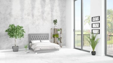 Yepyeni beyaz çatı katı yatak odası en az stil iç tasarım boşaltmak duvar ve görünümü penceresi dışında. 3D render.