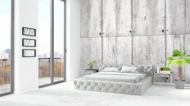 Yepyeni beyaz çatı katı yatak odası en az stil iç tasarım boşaltmak duvar ve görünümü penceresi dışında. 3D render.
