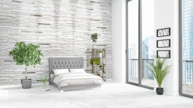 Yepyeni beyaz çatı katı yatak odası en az stil iç tasarım boşaltmak duvar ve görünümü penceresi dışında. 3D render.