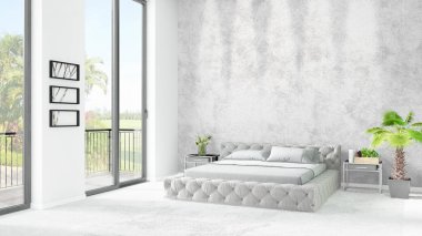 Yepyeni beyaz çatı katı yatak odası en az stil iç tasarım boşaltmak duvar ve görünümü penceresi dışında. 3D render.