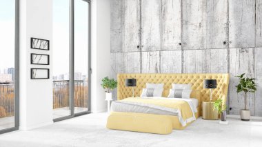 Yepyeni beyaz çatı katı yatak odası en az stil iç tasarım boşaltmak duvar ve görünümü penceresi dışında. 3D render.