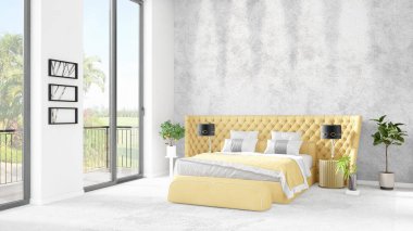 Yepyeni beyaz çatı katı yatak odası en az stil iç tasarım boşaltmak duvar ve görünümü penceresi dışında. 3D render.
