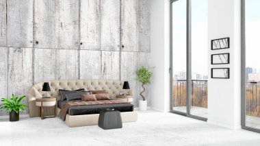 Yepyeni beyaz çatı katı yatak odası en az stil iç tasarım boşaltmak duvar ve görünümü penceresi dışında. 3D render.