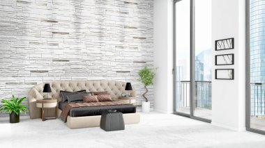 Yepyeni beyaz çatı katı yatak odası en az stil iç tasarım boşaltmak duvar ve görünümü penceresi dışında. 3D render.