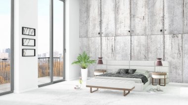 Yepyeni beyaz çatı katı yatak odası en az stil iç tasarım boşaltmak duvar ve görünümü penceresi dışında. 3D render.