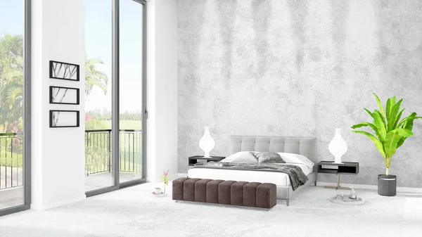 Yepyeni beyaz çatı katı yatak odası en az stil iç tasarım boşaltmak duvar ve görünümü penceresi dışında. 3D render.