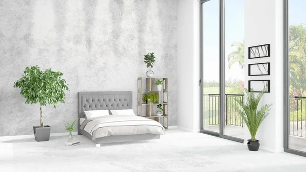 Yepyeni beyaz çatı katı yatak odası en az stil iç tasarım boşaltmak duvar ve görünümü penceresi dışında. 3D render.