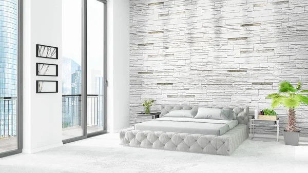 全新白色阁楼卧室最小风格室内的设计与 copyspace 墙和窗外的视图。3d 渲染. — 图库照片