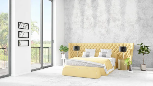 Yepyeni beyaz çatı katı yatak odası en az stil iç tasarım boşaltmak duvar ve görünümü penceresi dışında. 3D render.