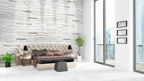 Yepyeni beyaz çatı katı yatak odası en az stil iç tasarım boşaltmak duvar ve görünümü penceresi dışında. 3D render.