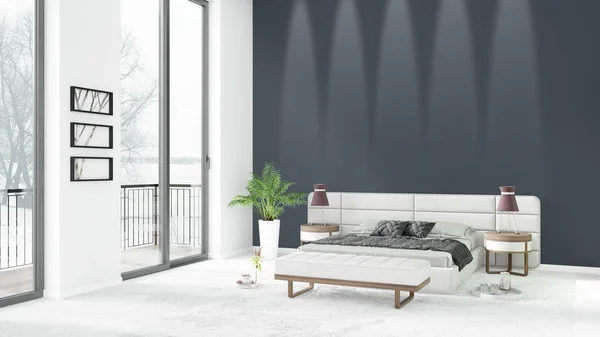 Brand new white loft bedroom minimal style interior design with copyspace wall and view out of window. 3D Rendering. — Stock Photo, Image