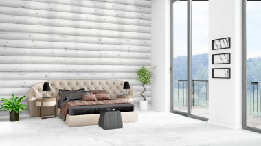 Yepyeni beyaz çatı katı yatak odası en az stil iç tasarım boşaltmak duvar ve görünümü penceresi dışında. 3D render.