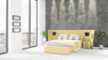 Yepyeni beyaz çatı katı yatak odası en az stil iç tasarım boşaltmak duvar ve görünümü penceresi dışında. 3D render.