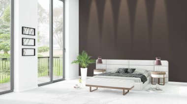 Yepyeni beyaz çatı katı yatak odası en az stil iç tasarım boşaltmak duvar ve görünümü penceresi dışında. 3D render.