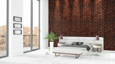 Yepyeni beyaz çatı katı yatak odası en az stil iç tasarım boşaltmak duvar ve görünümü penceresi dışında. 3D render.