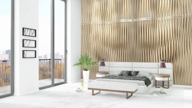 Yepyeni beyaz çatı katı yatak odası en az stil iç tasarım boşaltmak duvar ve görünümü penceresi dışında. 3D render.