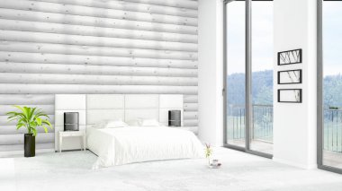 Yepyeni beyaz çatı katı yatak odası en az stil iç tasarım boşaltmak duvar ve görünümü penceresi dışında. 3D render.