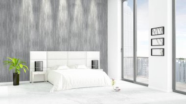 Yepyeni beyaz çatı katı yatak odası en az stil iç tasarım boşaltmak duvar ve görünümü penceresi dışında. 3D render.