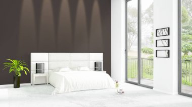 Yepyeni beyaz çatı katı yatak odası en az stil iç tasarım boşaltmak duvar ve görünümü penceresi dışında. 3D render.
