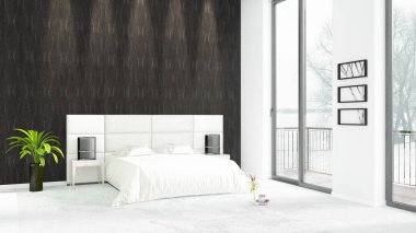 Yepyeni beyaz çatı katı yatak odası en az stil iç tasarım boşaltmak duvar ve görünümü penceresi dışında. 3D render.