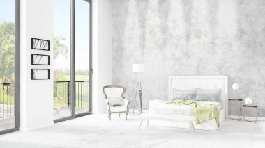 Yepyeni beyaz çatı katı yatak odası en az stil iç tasarım boşaltmak duvar ve görünümü penceresi dışında. 3D render.