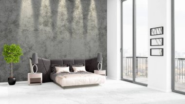 Yepyeni beyaz çatı katı yatak odası en az stil iç tasarım boşaltmak duvar ve görünümü penceresi dışında. 3D render.