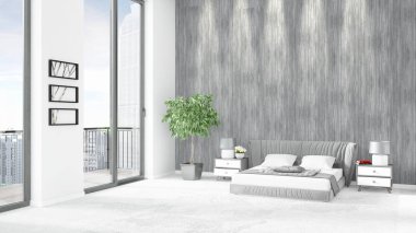 Yepyeni beyaz çatı katı yatak odası en az stil iç tasarım boşaltmak duvar ve görünümü penceresi dışında. 3D render.