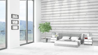 Yepyeni beyaz çatı katı yatak odası en az stil iç tasarım boşaltmak duvar ve görünümü penceresi dışında. 3D render.