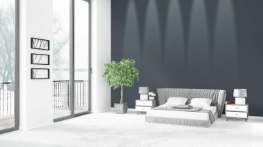 Yepyeni beyaz çatı katı yatak odası en az stil iç tasarım boşaltmak duvar ve görünümü penceresi dışında. 3D render.