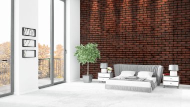 Yepyeni beyaz çatı katı yatak odası en az stil iç tasarım boşaltmak duvar ve görünümü penceresi dışında. 3D render.
