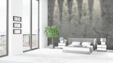 Yepyeni beyaz çatı katı yatak odası en az stil iç tasarım boşaltmak duvar ve görünümü penceresi dışında. 3D render.