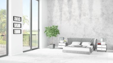 Yepyeni beyaz çatı katı yatak odası en az stil iç tasarım boşaltmak duvar ve görünümü penceresi dışında. 3D render.