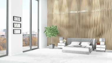 Yepyeni beyaz çatı katı yatak odası en az stil iç tasarım boşaltmak duvar ve görünümü penceresi dışında. 3D render.